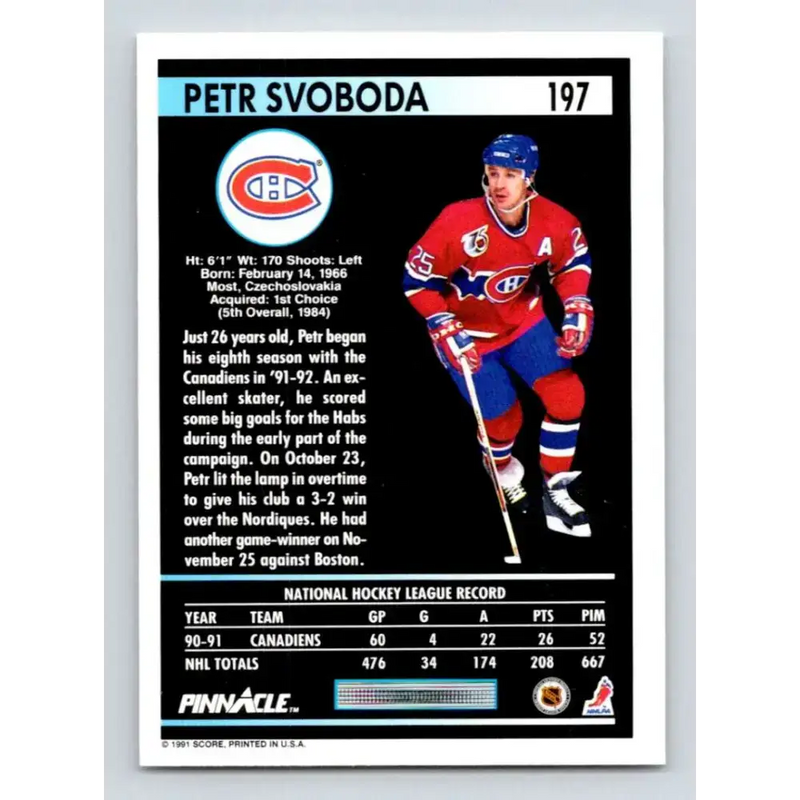 1991-92 Pinnacle #197 Petr Svoboda NM-MT Montreal Canadiens Hockey Card - Hockey Card Single