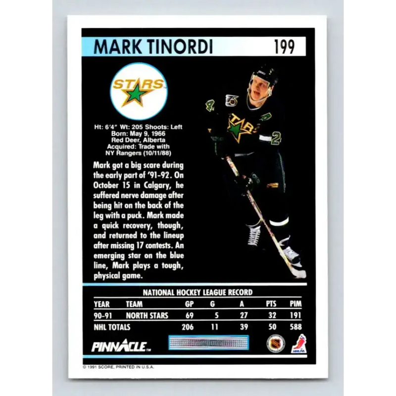 1991-92 Pinnacle #199 Mark Tinordi NM-MT Minnesota North Stars Hockey Card - Hockey Card Single