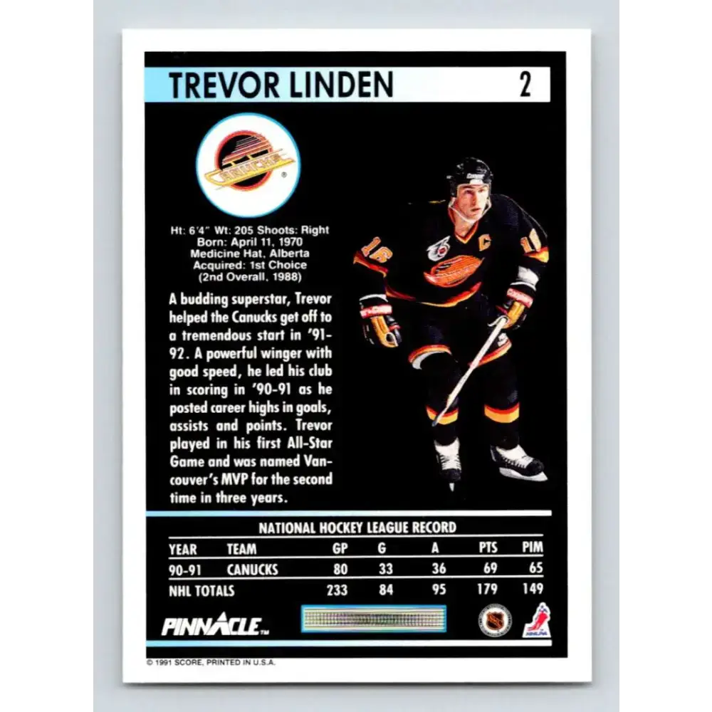 1991-92 Pinnacle #2 Trevor Linden NM-MT Vancouver Canucks Hockey Card - Hockey Card Single