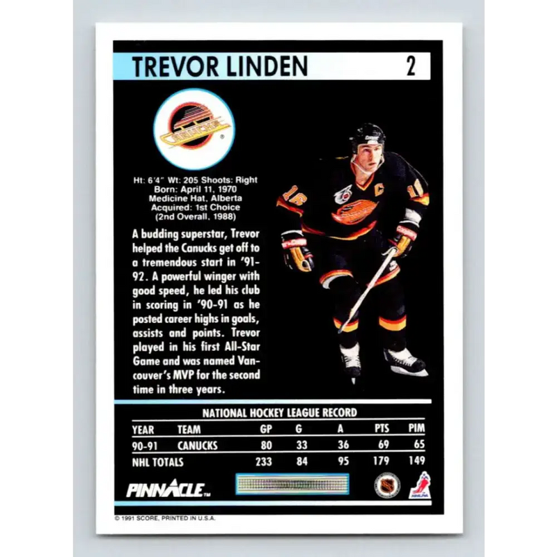 1991-92 Pinnacle #2 Trevor Linden NM-MT Vancouver Canucks Hockey Card - Hockey Card Single