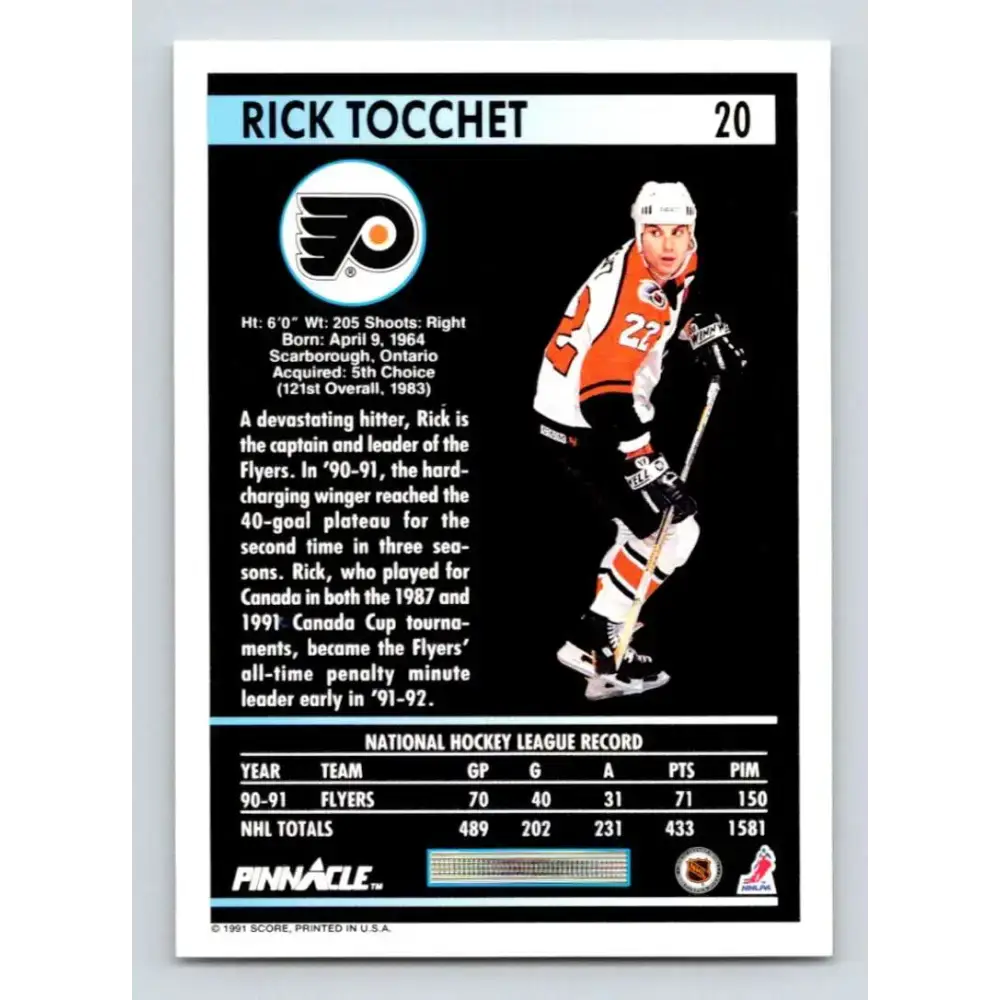 1991-92 Pinnacle #20 Rick Tocchet NM-MT Philadelphia Flyers Hockey Card - Hockey Card Single