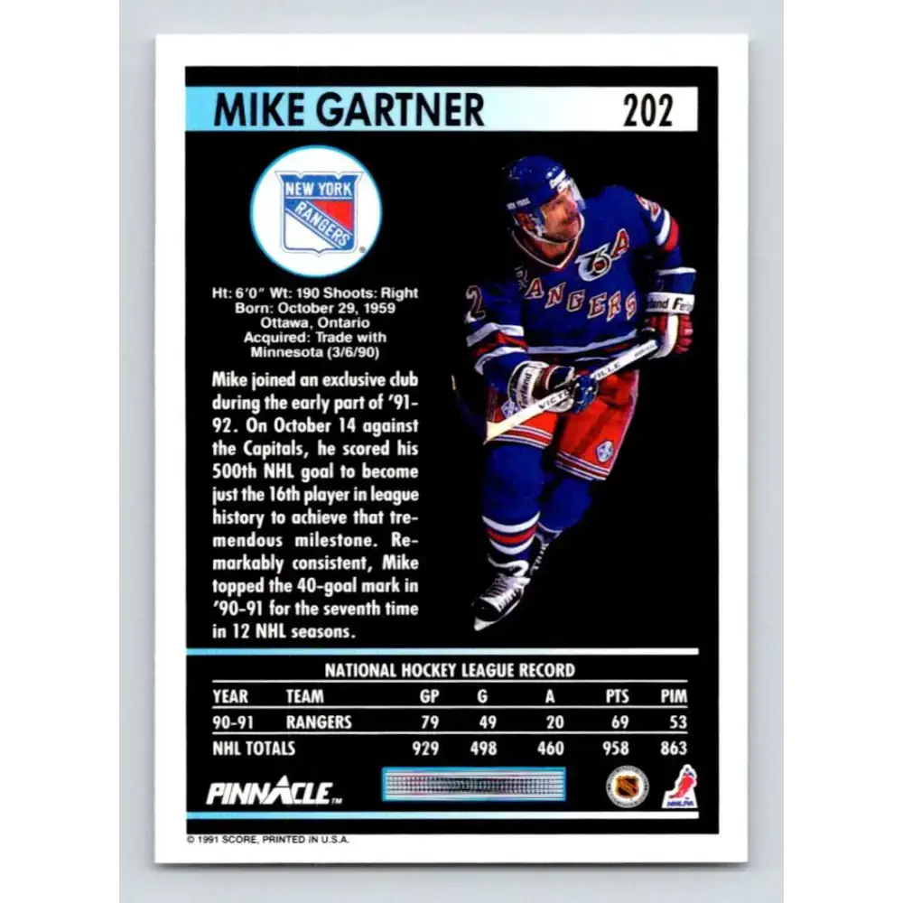 1991-92 Pinnacle #202 Mike Gartner NM-MT New York Rangers Hockey Card - Hockey Card Single