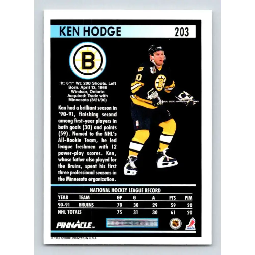 1991-92 Pinnacle #203 Ken Hodge Jr. NM-MT Boston Bruins Hockey Card - Hockey Card Single