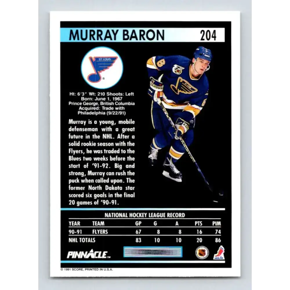 1991-92 Pinnacle #204 Murray Baron NM-MT St. Louis Blues Hockey Card - Hockey Card Single