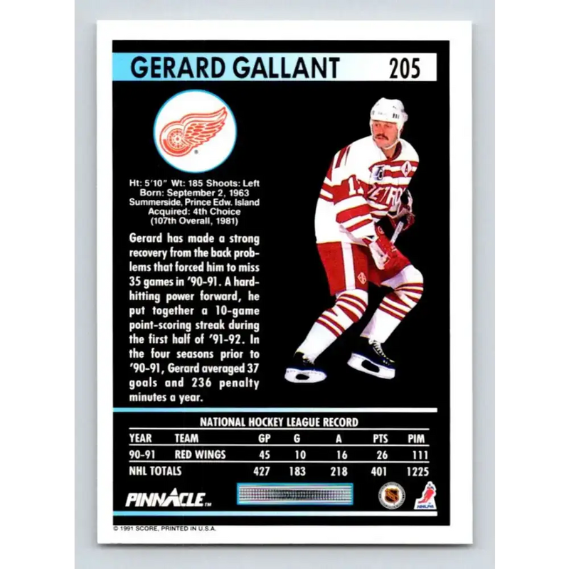 1991-92 Pinnacle #205 Gerard Gallant NM-MT Detroit Red Wings Hockey Card - Hockey Card Single