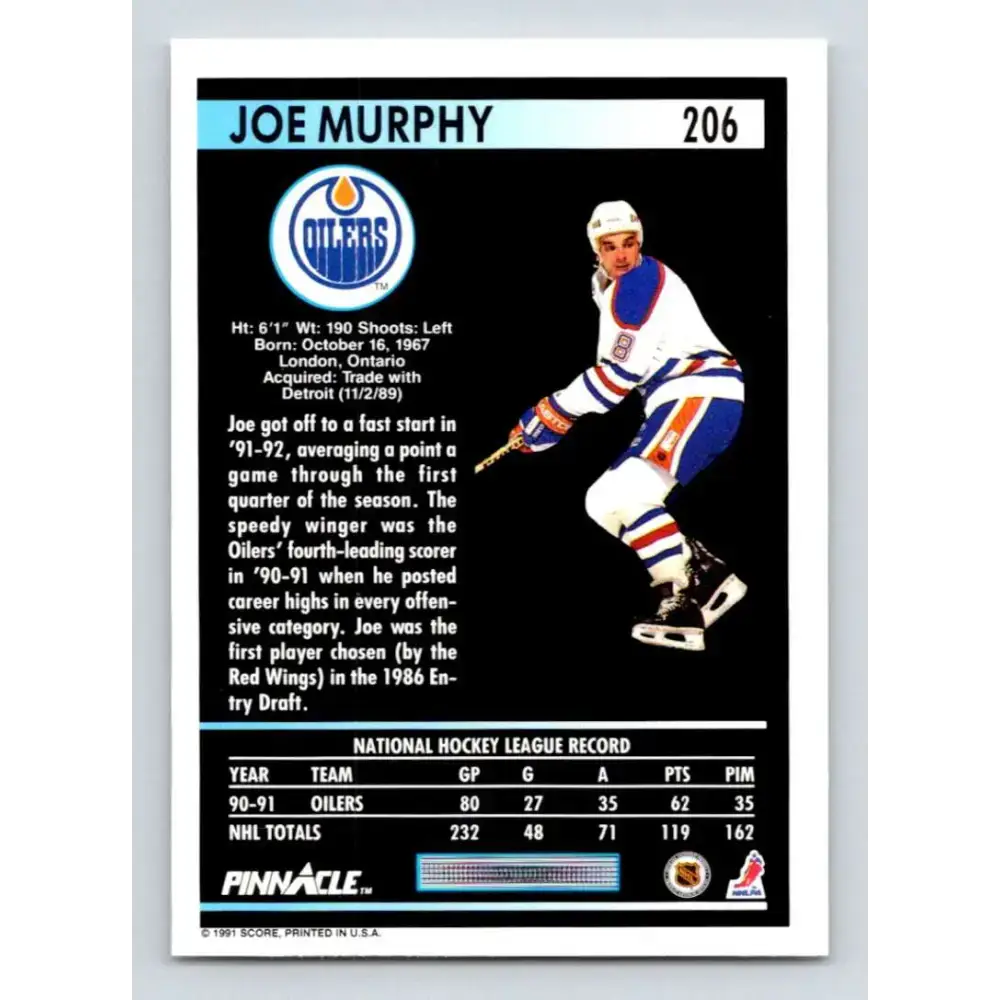 1991-92 Pinnacle #206 Joe Murphy NM-MT Edmonton Oilers Hockey Card - Hockey Card Single