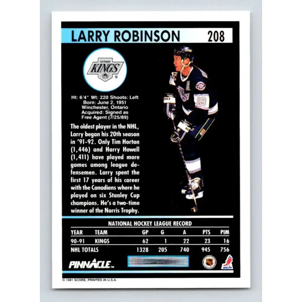 1991-92 Pinnacle #208 Larry Robinson NM-MT Los Angeles Kings Hockey Card - Hockey Card Single