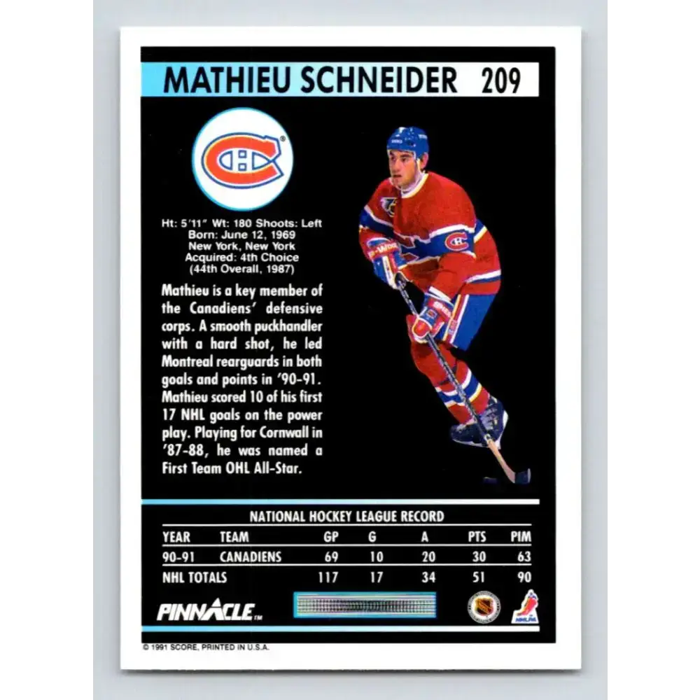 1991-92 Pinnacle #209 Mathieu Schneider NM-MT Montreal Canadiens Hockey Card - Hockey Card Single
