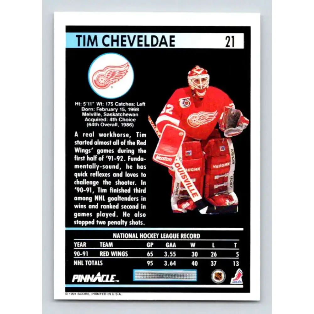 1991-92 Pinnacle #21 Tim Cheveldae NM-MT Detroit Red Wings Hockey Card - Hockey Card Single