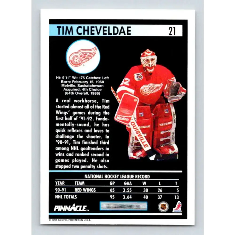 1991-92 Pinnacle #21 Tim Cheveldae NM-MT Detroit Red Wings Hockey Card - Hockey Card Single