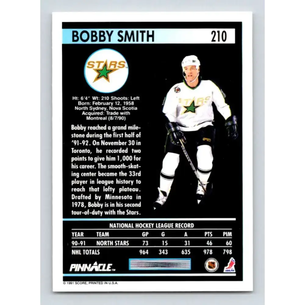 1991-92 Pinnacle #210 Bobby Smith NM-MT Minnesota North Stars Hockey Card - Hockey Card Single