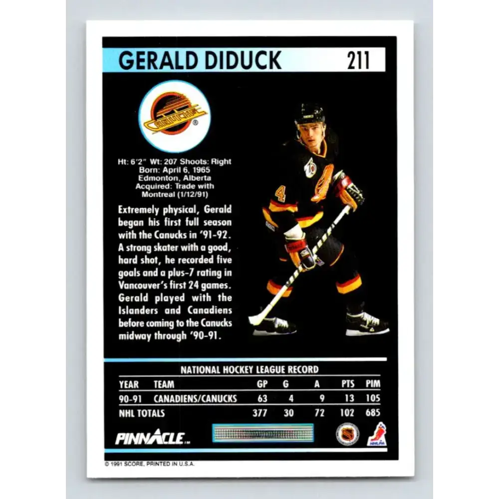 1991-92 Pinnacle #211 Gerald Diduck NM-MT Vancouver Canucks Hockey Card - Hockey Card Single