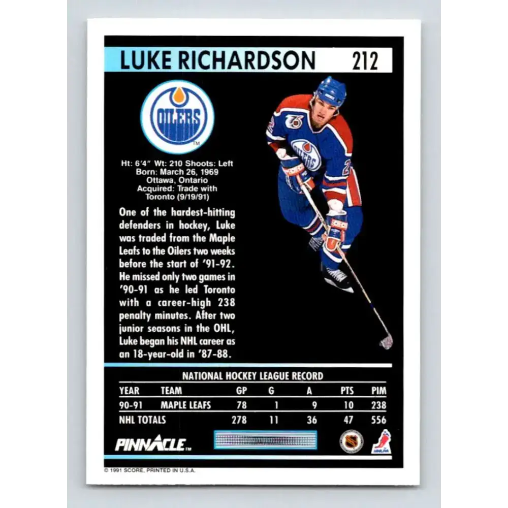 1991-92 Pinnacle #212 Luke Richardson NM-MT Edmonton Oilers Hockey Card - Hockey Card Single