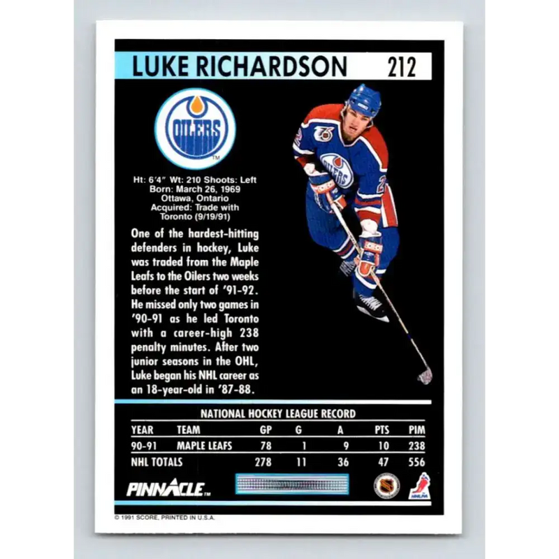 1991-92 Pinnacle #212 Luke Richardson NM-MT Edmonton Oilers Hockey Card - Hockey Card Single
