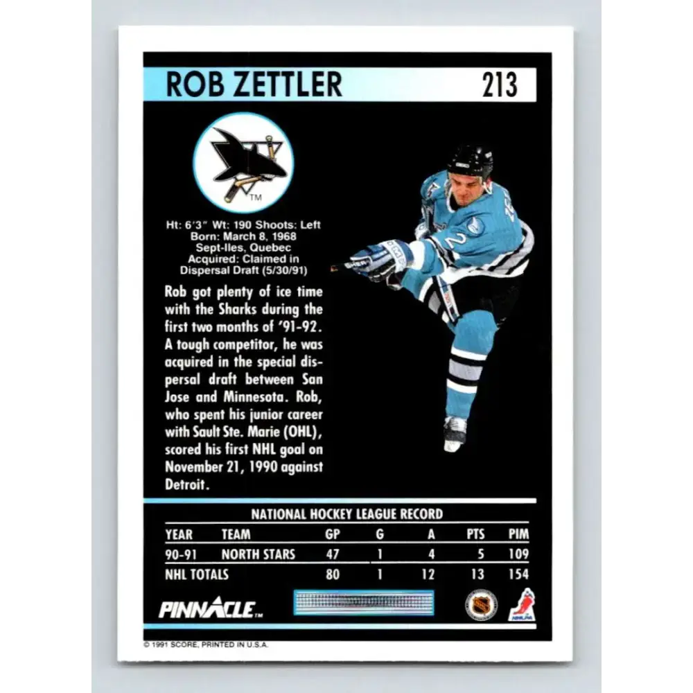 1991-92 Pinnacle #213 Rob Zettler NM-MT San Jose Sharks Hockey Card - Hockey Card Single