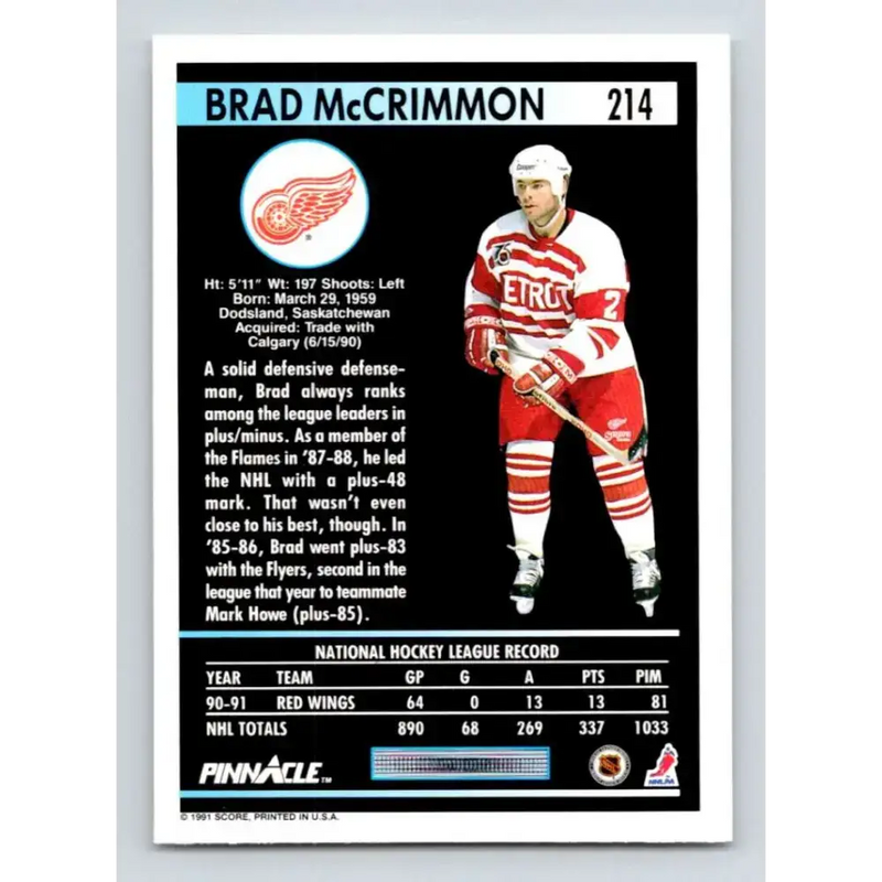 1991-92 Pinnacle #214 Brad McCrimmon NM-MT Detroit Red Wings Hockey Card - Hockey Card Single