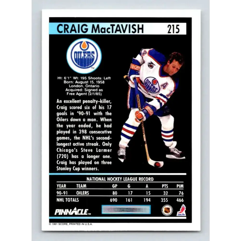 1991-92 Pinnacle #215 Craig MacTavish NM-MT Edmonton Oilers Hockey Card - Hockey Card Single