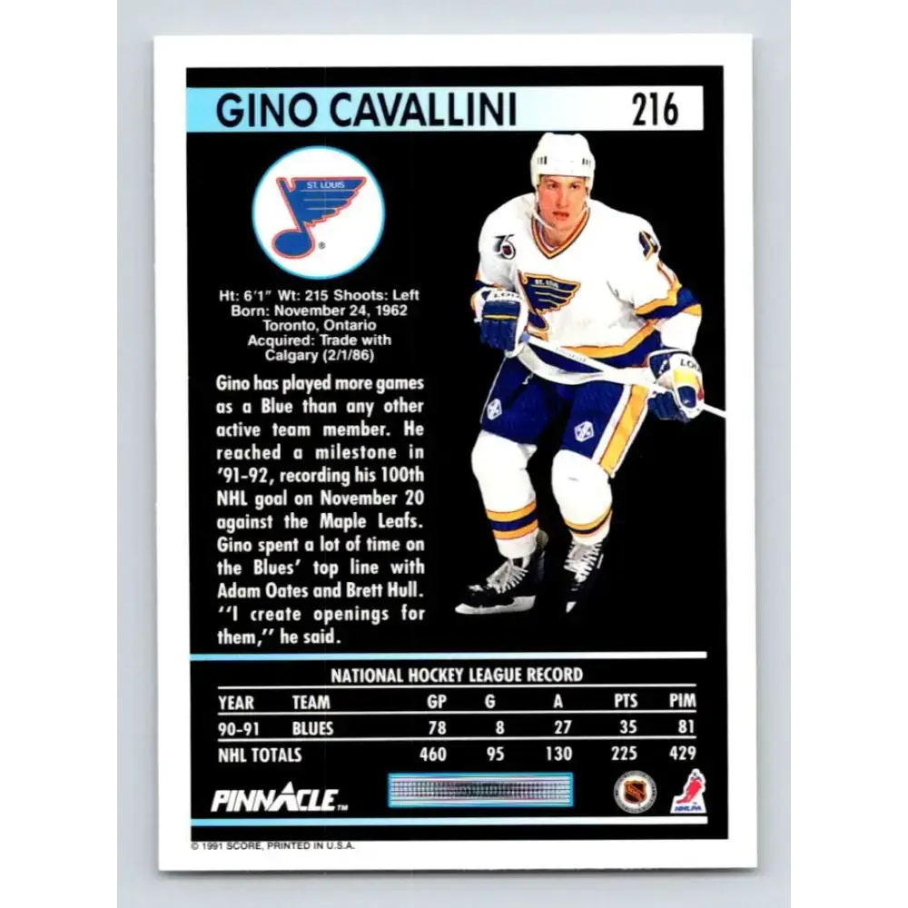 1991-92 Pinnacle #216 Gino Cavallini NM-MT St. Louis Blues Hockey Card - Hockey Card Single