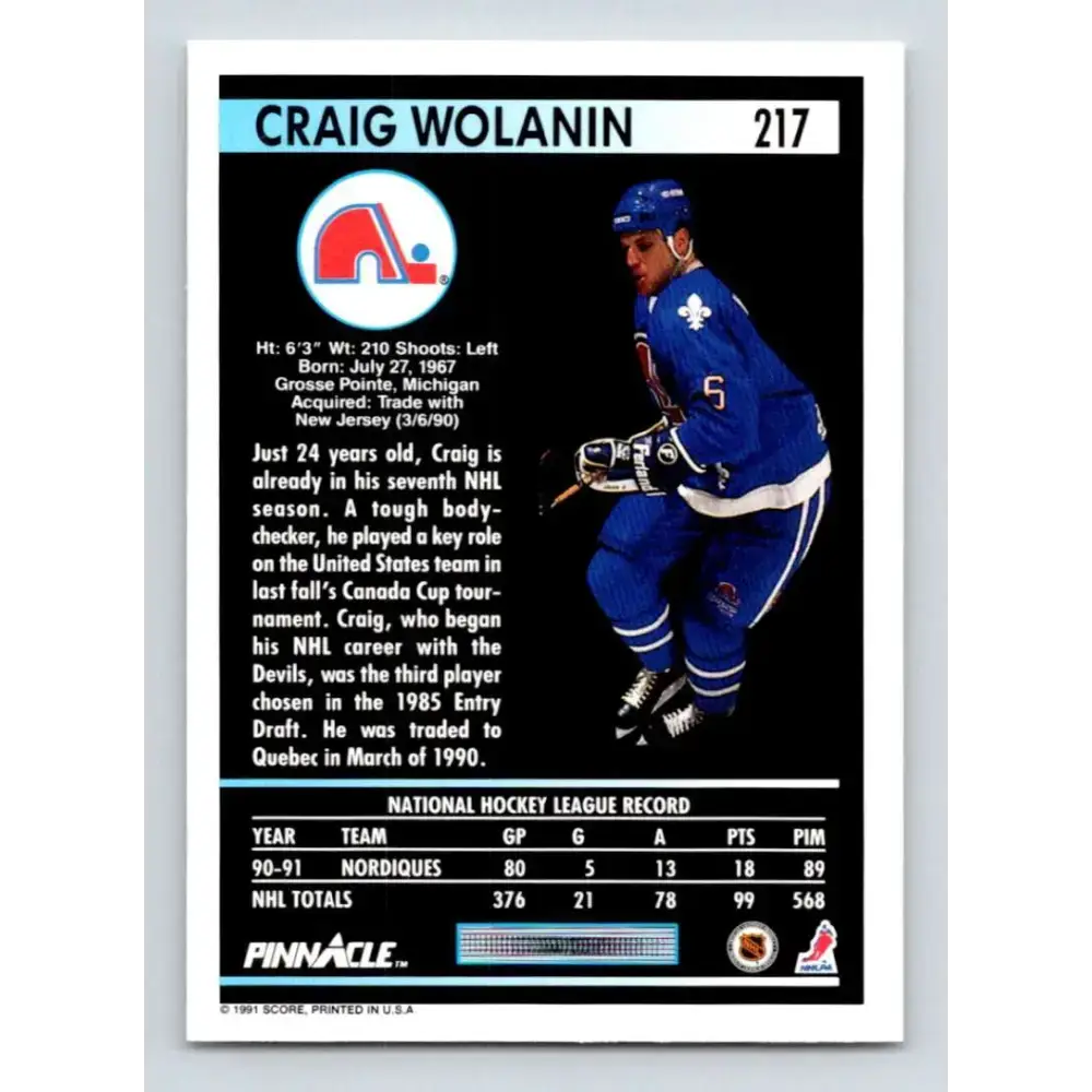1991-92 Pinnacle #217 Craig Wolanin NM-MT Quebec Nordiques Hockey Card - Hockey Card Single
