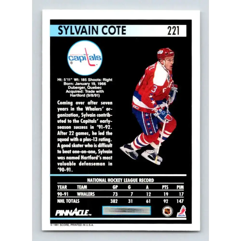 1991-92 Pinnacle #221 Sylvain Cote NM-MT Washington Capitals Hockey Card - Hockey Card Single