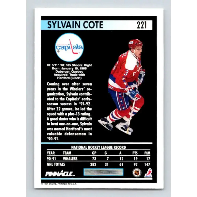 1991-92 Pinnacle #221 Sylvain Cote NM-MT Washington Capitals Hockey Card - Hockey Card Single