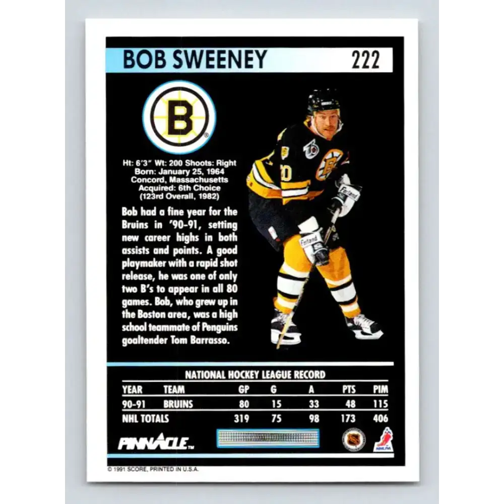 1991-92 Pinnacle #222 Bob Sweeney NM-MT Boston Bruins Hockey Card - Hockey Card Single