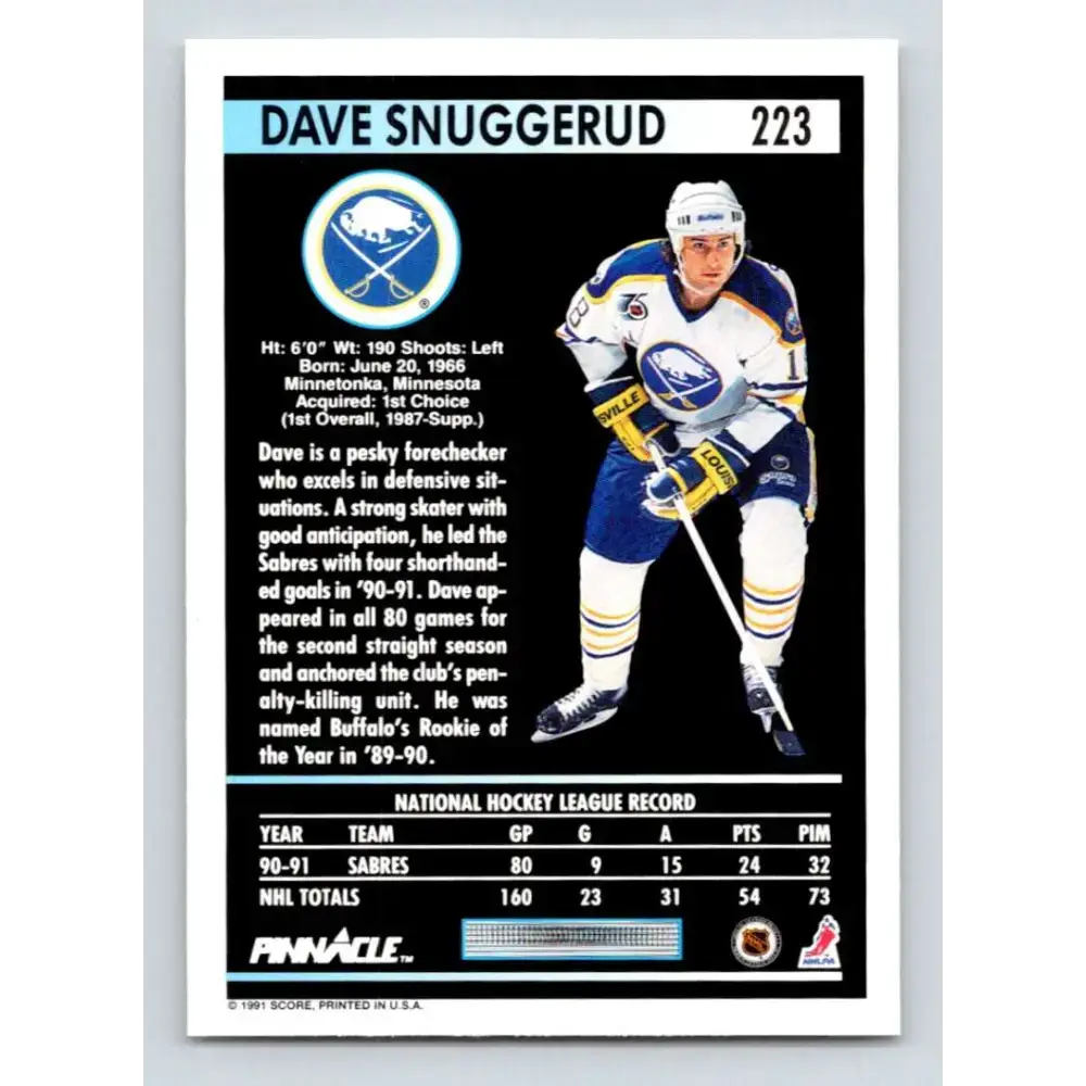 1991-92 Pinnacle #223 Dave Snuggerud NM-MT Buffalo Sabres Hockey Card - Hockey Card Single