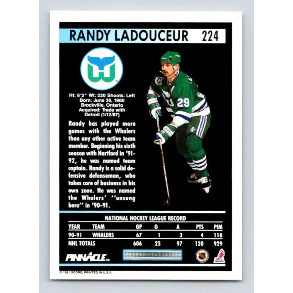 1991-92 Pinnacle #224 Randy Ladouceur NM-MT Hartford Whalers Hockey Card - Hockey Card Single