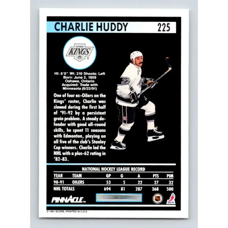 1991-92 Pinnacle #225 Charlie Huddy NM-MT Los Angeles Kings Hockey Card - Hockey Card Single