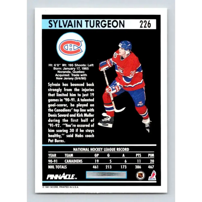 1991-92 Pinnacle #226 Sylvain Turgeon NM-MT Montreal Canadiens Hockey Card - Hockey Card Single