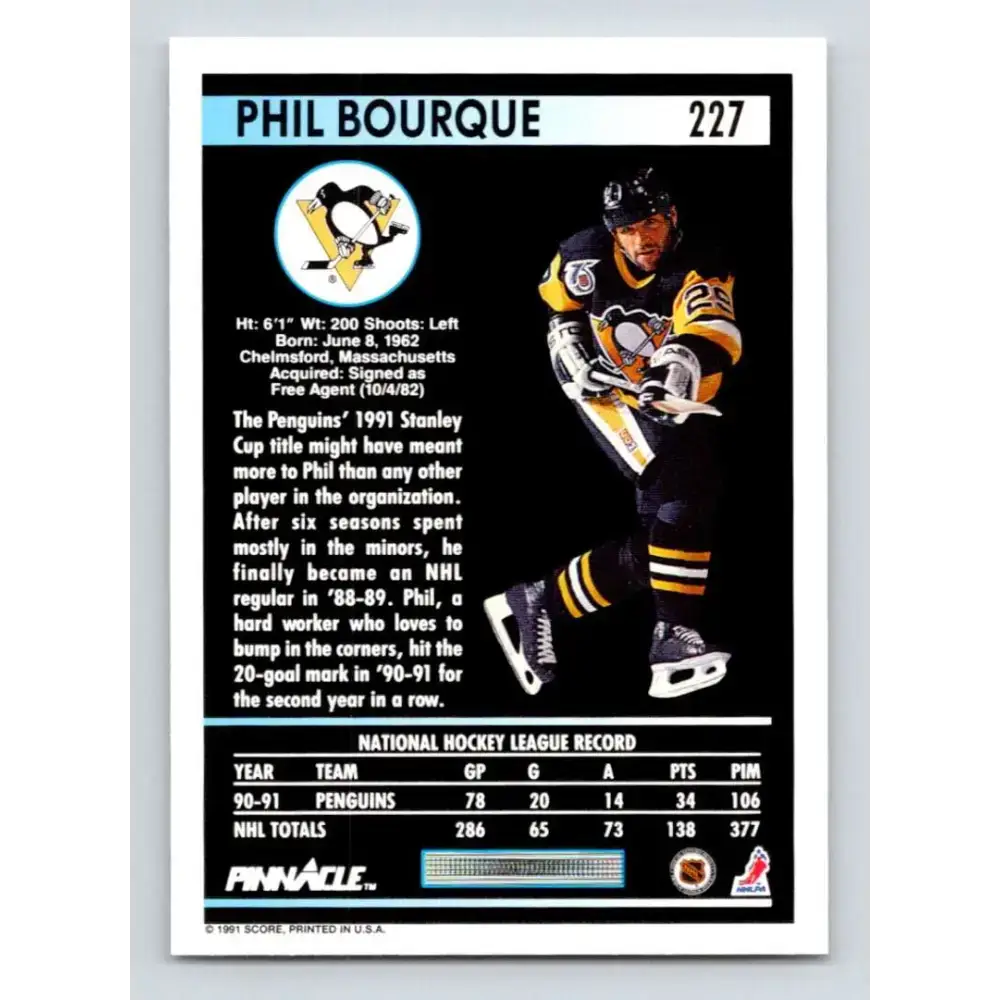 1991-92 Pinnacle #227 Phil Bourque NM-MT Pittsburgh Penguins Hockey Card - Hockey Card Single