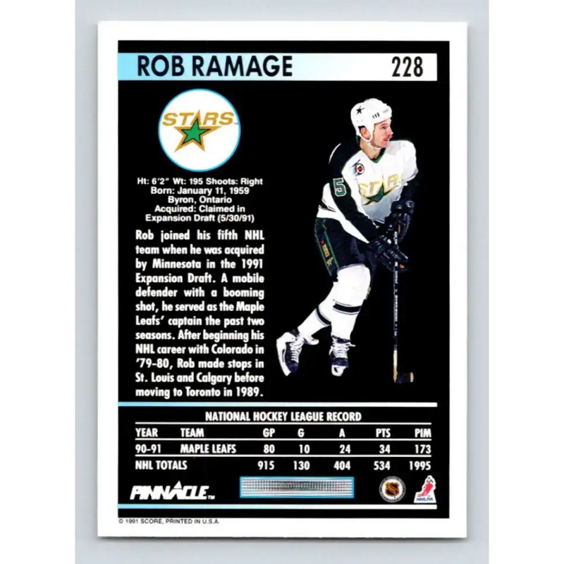 1991-92 Pinnacle #228 Rob Ramage NM-MT Minnesota North Stars Hockey Card - Hockey Card Single