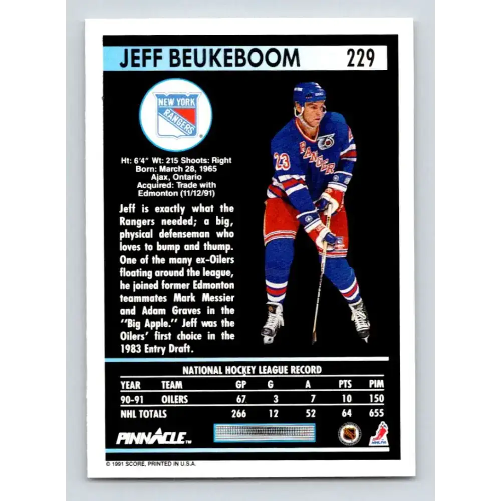 1991-92 Pinnacle #229 Jeff Beukeboom NM-MT New York Rangers Hockey Card - Hockey Card Single