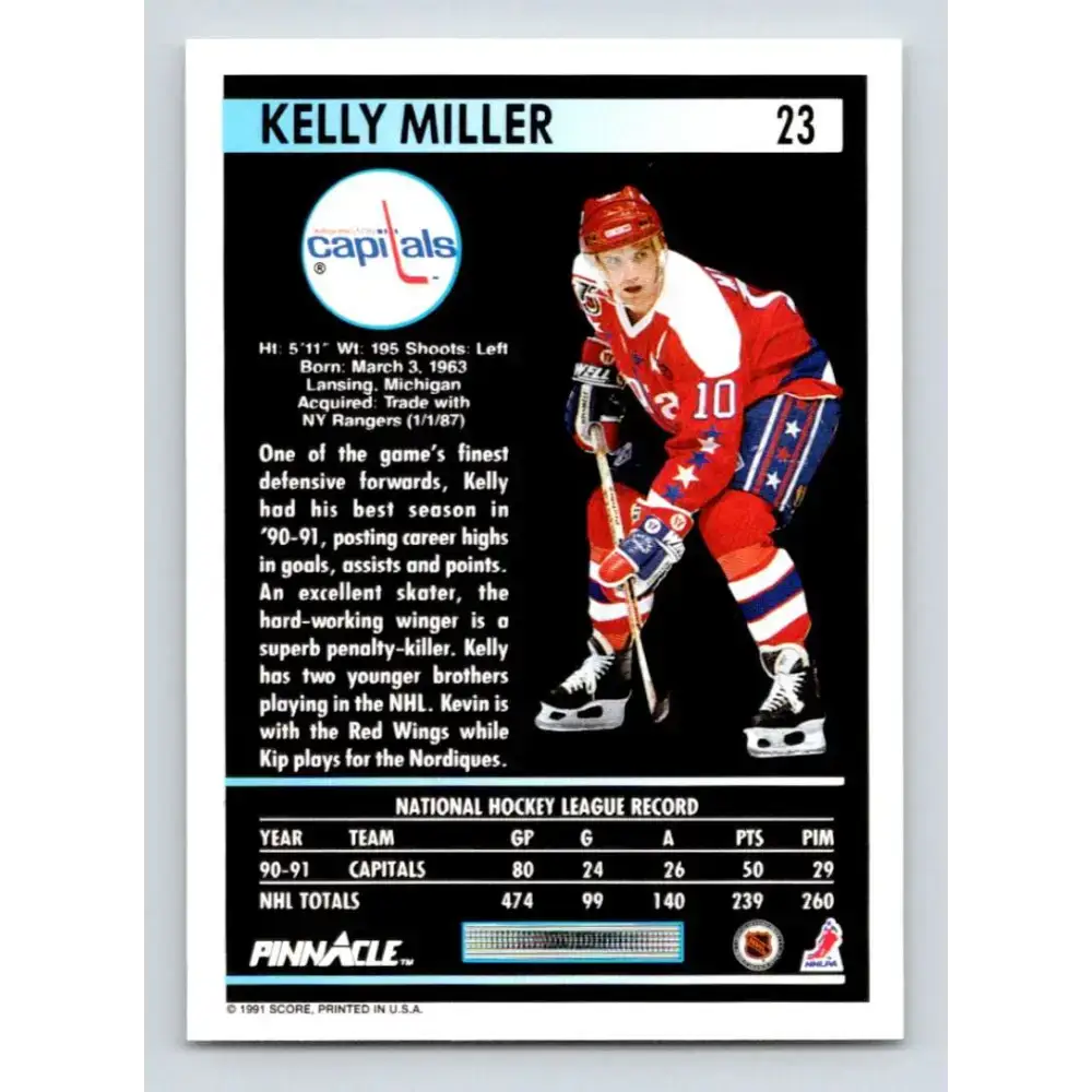 1991-92 Pinnacle #23 Kelly Miller NM-MT Washington Capitals Hockey Card - Hockey Card Single