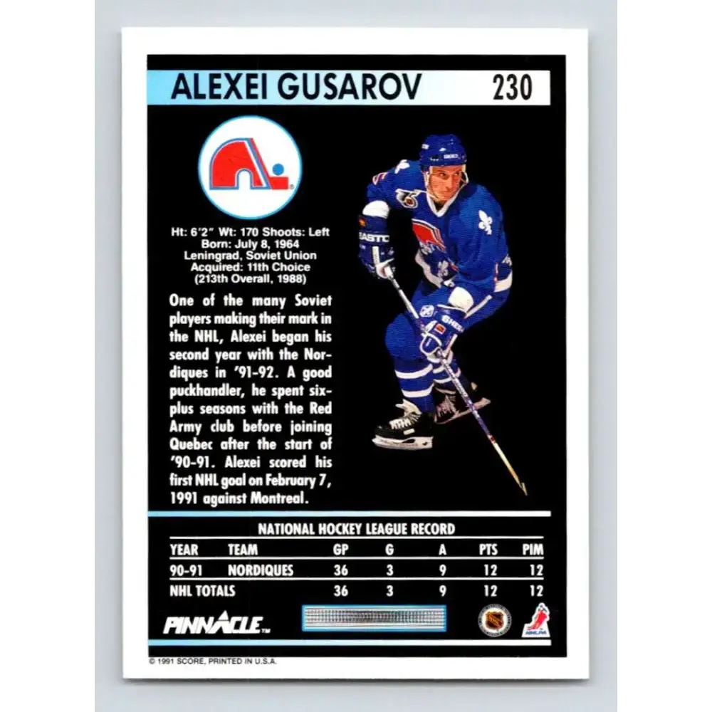 1991-92 Pinnacle #230 Alexei Gusarov NM-MT RC Rookie Quebec Nordiques Hockey Card - Hockey Card Single