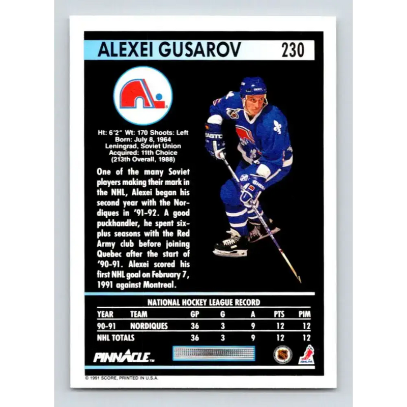 1991-92 Pinnacle #230 Alexei Gusarov NM-MT RC Rookie Quebec Nordiques Hockey Card - Hockey Card Single