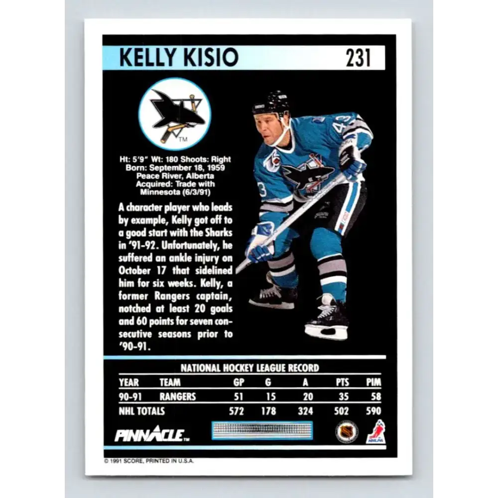 1991-92 Pinnacle #231 Kelly Kisio NM-MT San Jose Sharks Hockey Card - Hockey Card Single