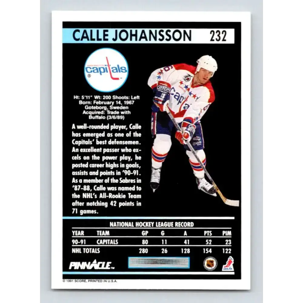 1991-92 Pinnacle #232 Calle Johansson NM-MT Washington Capitals Hockey Card - Hockey Card Single