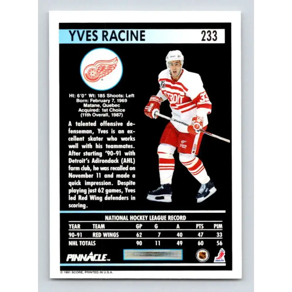 1991-92 Pinnacle #233 Yves Racine NM-MT Detroit Red Wings Hockey Card - Hockey Card Single