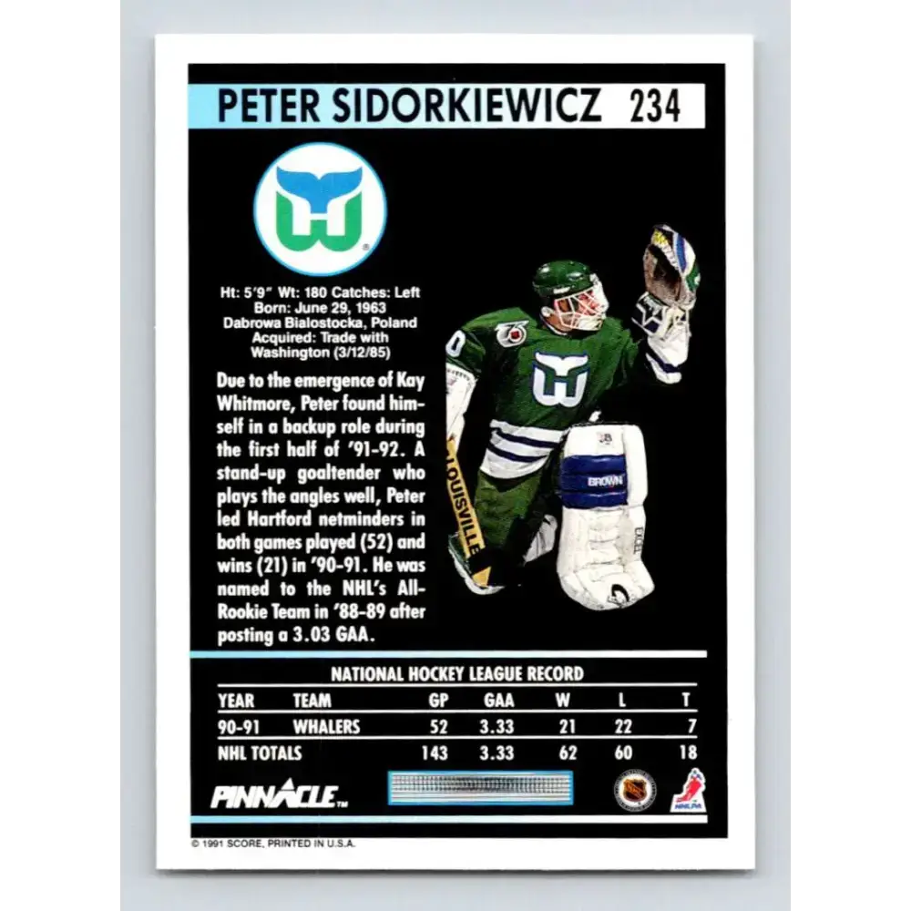 1991-92 Pinnacle #234 Peter Sidorkiewicz NM-MT Hartford Whalers Hockey Card - Hockey Card Single