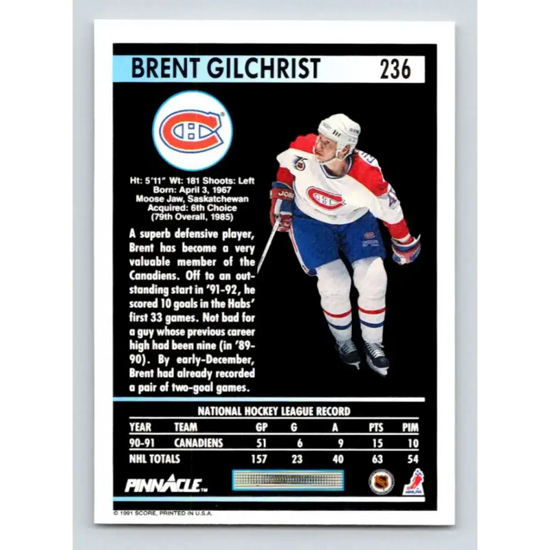 1991-92 Pinnacle #236 Brent Gilchrist NM-MT Montreal Canadiens Hockey Card - Hockey Card Single