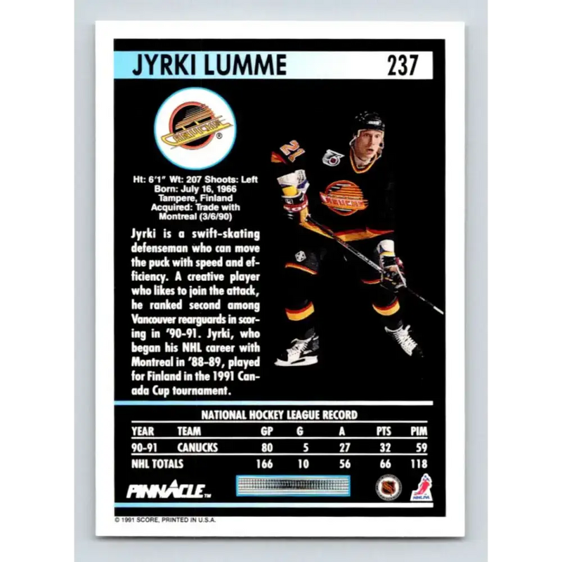 1991-92 Pinnacle #237 Jyrki Lumme NM-MT Vancouver Canucks Hockey Card - Hockey Card Single