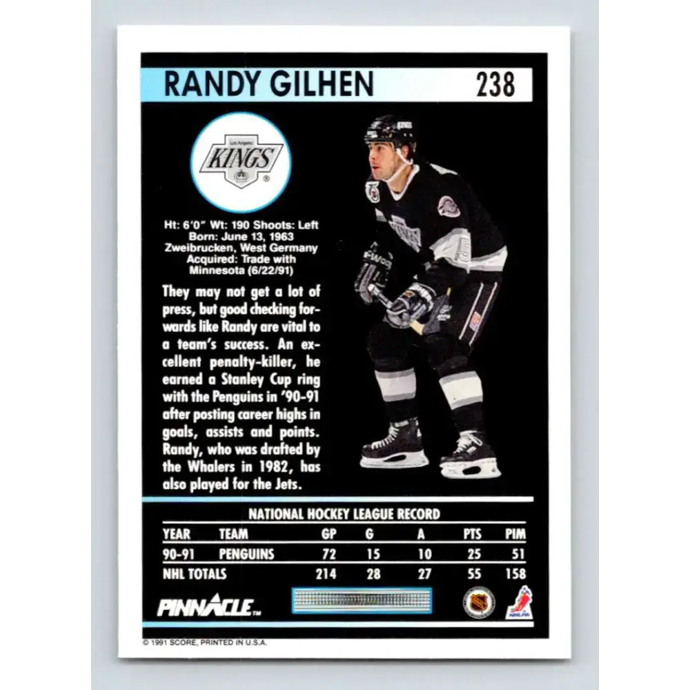1991-92 Pinnacle #238 Randy Gilhen NM-MT Los Angeles Kings Hockey Card - Hockey Card Single