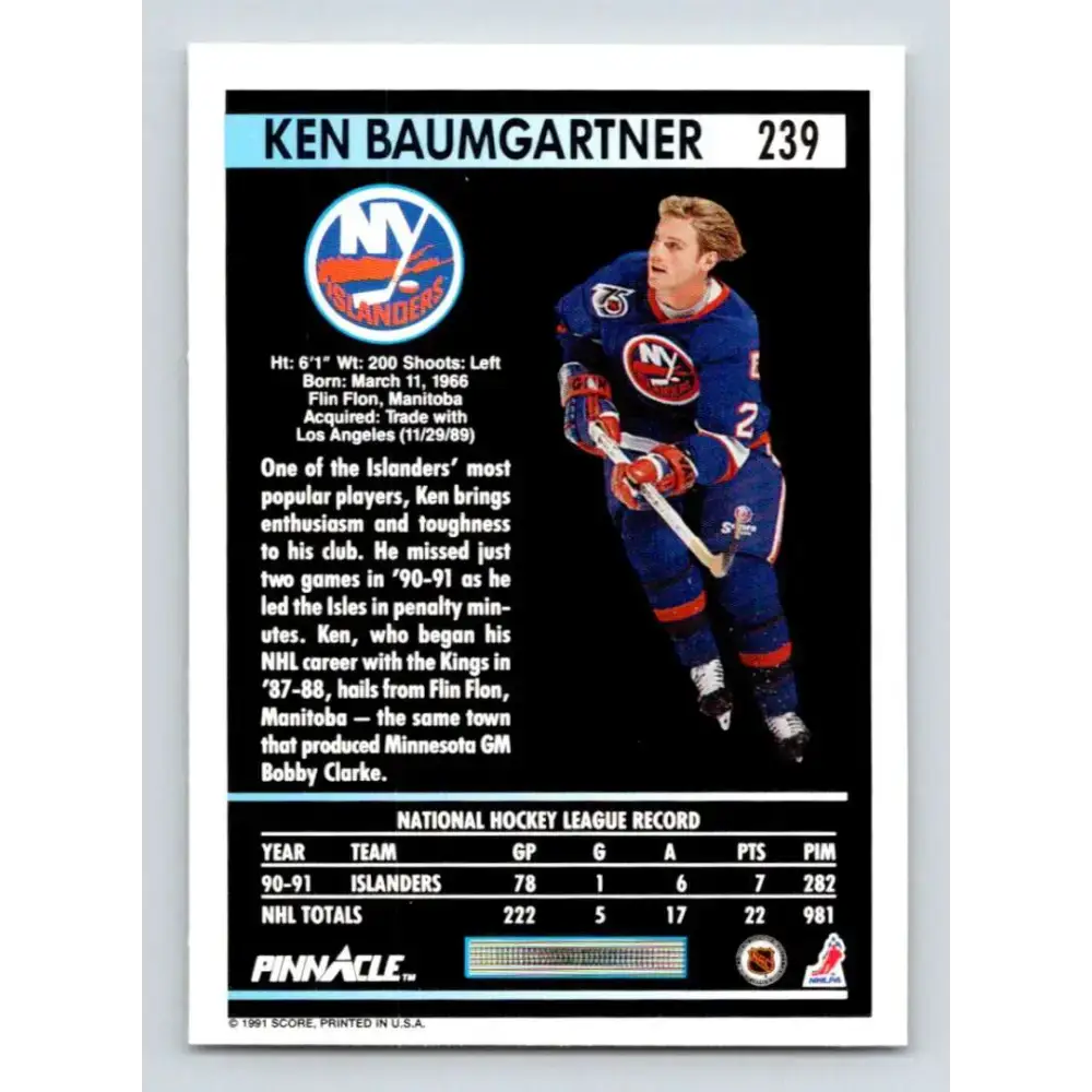 1991-92 Pinnacle #239 Ken Baumgartner NM-MT New York Islanders Hockey Card - Hockey Card Single