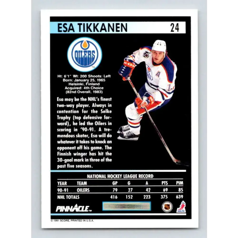 1991-92 Pinnacle #24 Esa Tikkanen NM-MT Edmonton Oilers Hockey Card - Hockey Card Single