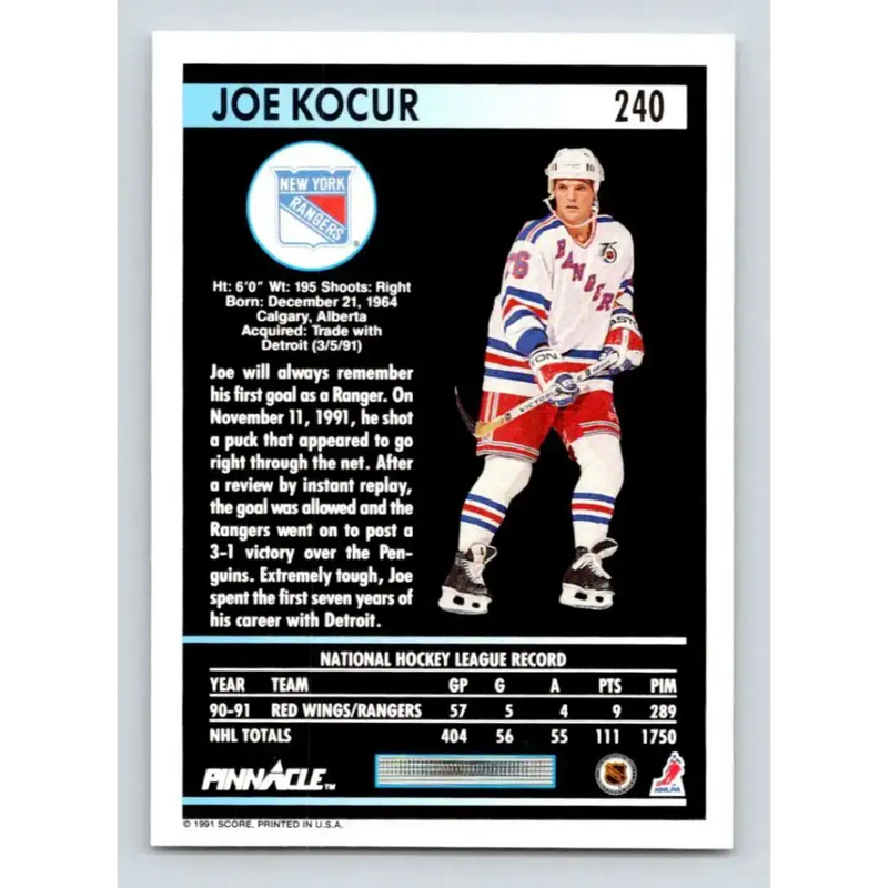 1991-92 Pinnacle #240 Joey Kocur NM-MT New York Rangers Hockey Card - Hockey Card Single