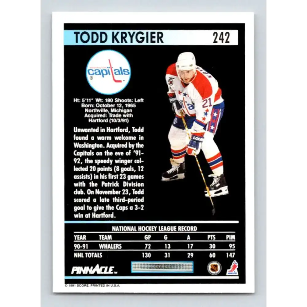 1991-92 Pinnacle #242 Todd Krygier NM-MT Washington Capitals Hockey Card - Hockey Card Single