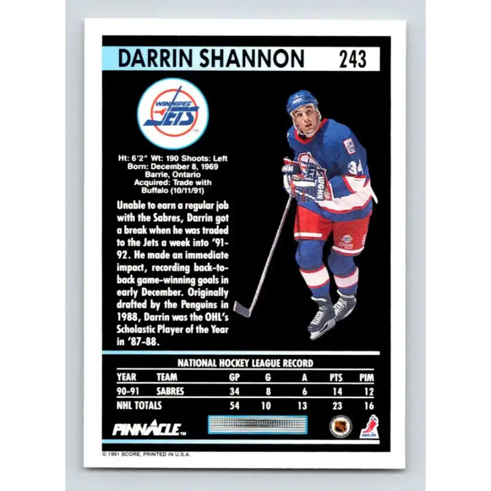 1991-92 Pinnacle #243 Darrin Shannon NM-MT Winnipeg Jets Hockey Card - Hockey Card Single
