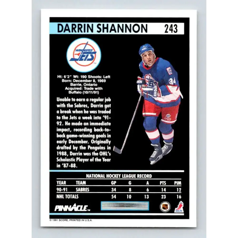 1991-92 Pinnacle #243 Darrin Shannon NM-MT Winnipeg Jets Hockey Card - Hockey Card Single