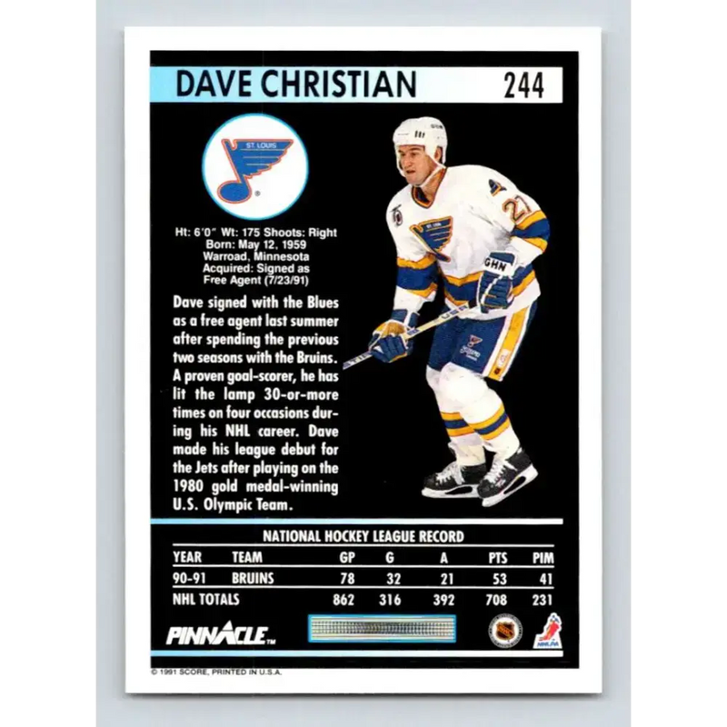 1991-92 Pinnacle #244 Dave Christian NM-MT St. Louis Blues Hockey Card - Hockey Card Single